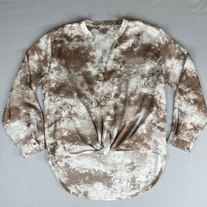 Lush Tie Front Long Sleeve Blouse Women’s Small Cream Brown Pattern Academia